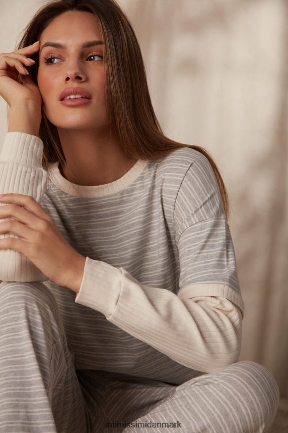 Intimissimi afslappet søndags langærmet top Kvinder 224j-grå melange/vanilje beige stribe beklædning 8DZ4XJ1559