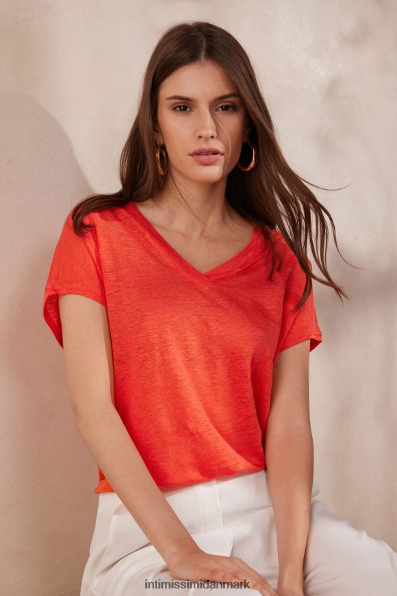 Intimissimi kortærmet hørtop med v-hals Kvinder 219j-flamme skarlagen beklædning 8DZ4XJ1306