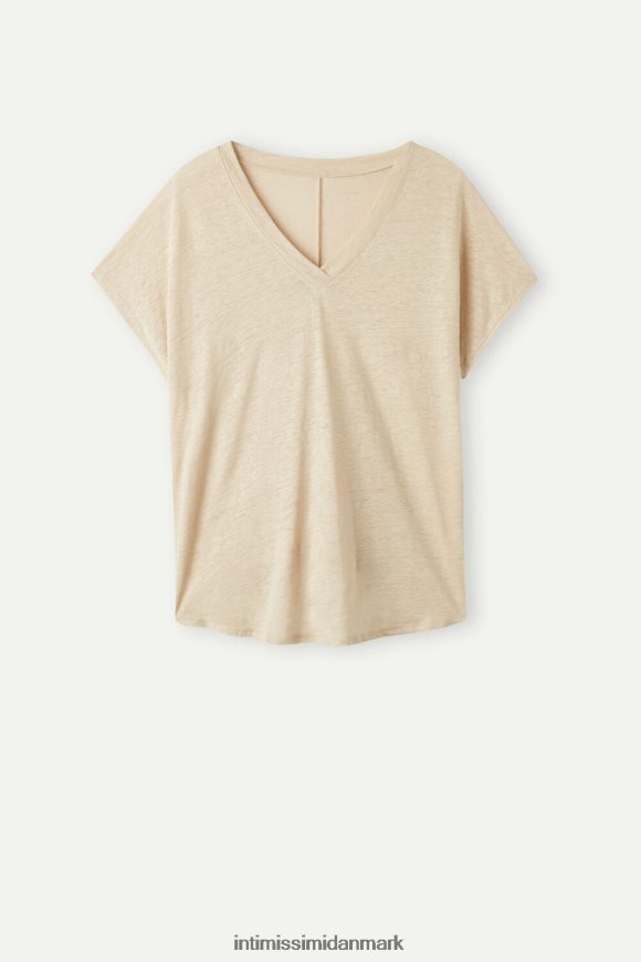 Intimissimi kortærmet hørtop med v-hals Kvinder 913i-beige reb beklædning 8DZ4XJ1297