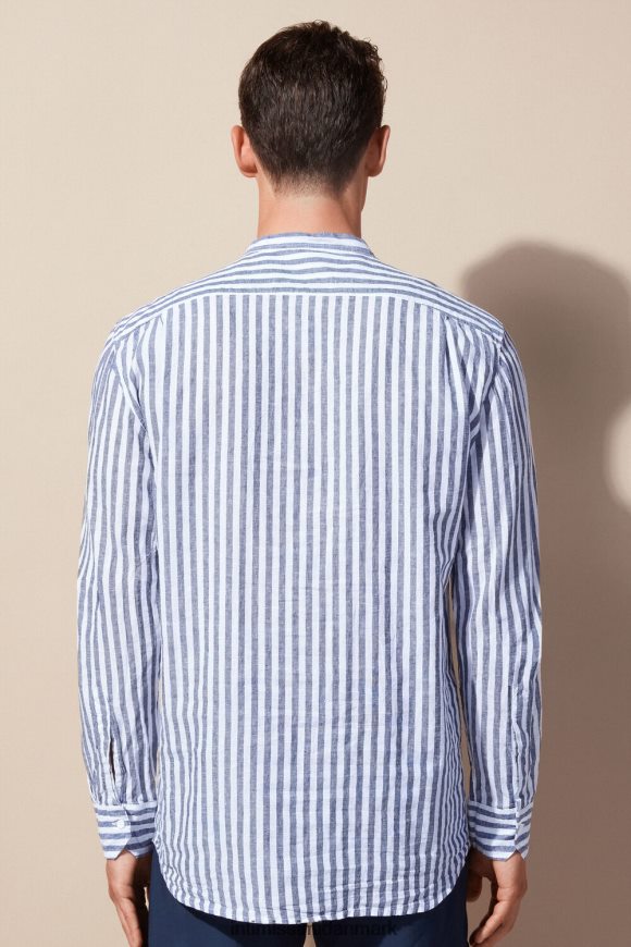 Intimissimi stribet hør- og bomuldsskjorte med mandarinkrave Mænd 297j-hvide blå striber beklædning 8DZ4XJ155
